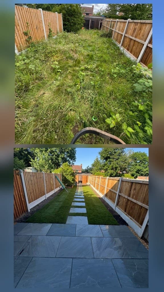 Before and after landscaping — overgrown garden transformed with patio, path and new lawn